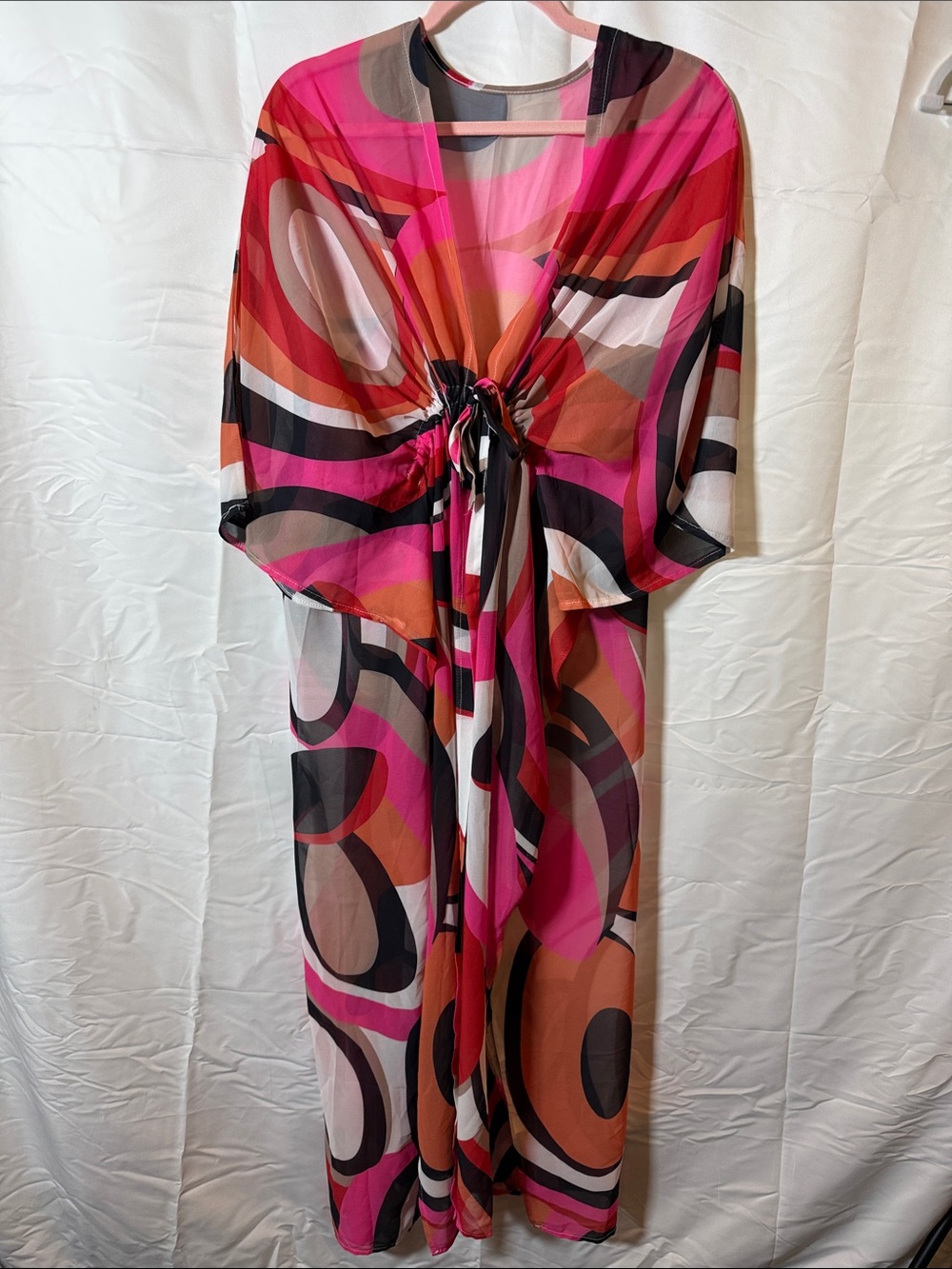 Vibrant Abstract Print Tie-Front  in Pink & Orange swim cover-up